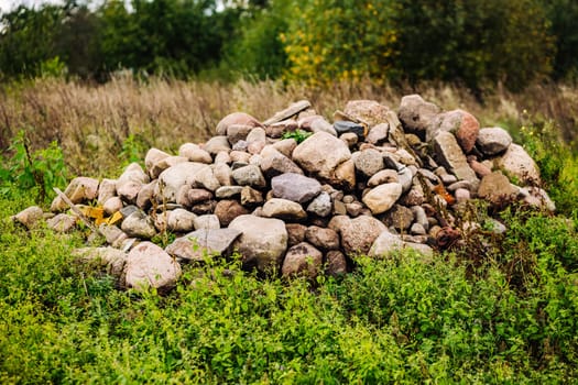 Pile of stones of various sizes, forming a small hill in a green field, with dry grass and trees in the background