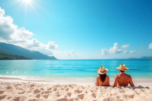 A couple sits on warm sand, facing ocean and enjoying the view of calm waters and mountains, soaking up the sun in a tropical setting during summer holidays. Generative AI.