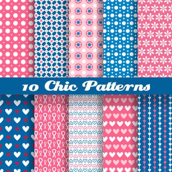 10 Chic different vector seamless patterns (tiling). Deep pink and blue color. Endless texture can be used for printing onto fabric and paper or scrap booking. Heart, flower and dot shape.