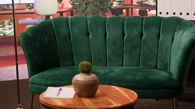 Luxurious comfortable therapy office used for counseling sessions and sincere discussions to help with mental health issues. Empty high end modern psychotherapy safe space with plants.