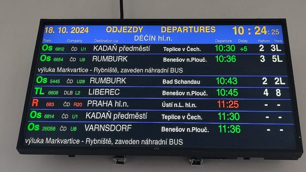 October 18 2024 Liberec Czech Republic Europe,Train schedule departures. High quality photo
