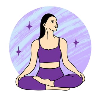 Hand drawn illustration of woman yoga meditation training. Fit fitness pilates female body sport, sportswear elegant healthy people gymnastics, workout exercise