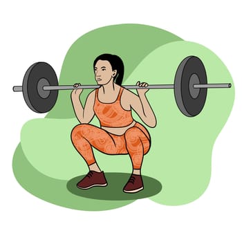 Hand drawn illustration of fitness training woman. Physical exercises gym session working out, modern sport art, confident fit female, weightlifting bodybuilding muscles, young girl athletic