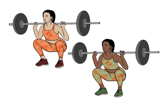 Hand drawn illustration of fitness training woman. Physical exercises gym session working out, modern sport art, confident fit female, weightlifting bodybuilding muscles, young girl athletic