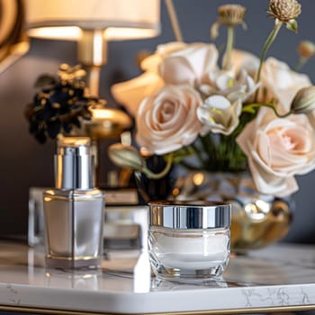 Cosmetic cream in a glass jar. Skin care concept. Background for beauty products