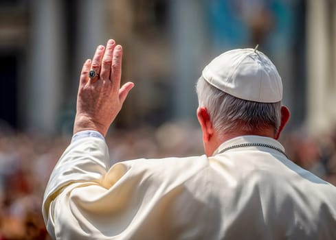 Rear view of Pope in white robe waving to large crowd during public ceremony. Scene depicts connection with large audience outdoors. AI generated.