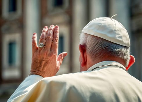 Rear view of Pope in white robe waving to large crowd during public ceremony. Scene depicts connection with large audience outdoors. AI generated.