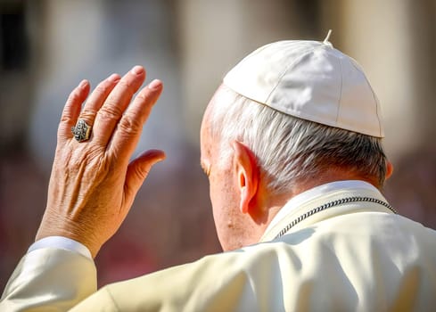 Rear view of Pope in white robe waving to large crowd during public ceremony. Scene depicts connection with large audience outdoors. AI generated.