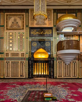 Intricate designs and ornate decorations adorn the interior of Jame Asr Hassanil Bolkiah Mosque in Bandar Seri Begawan, Brunei, reflecting the beauty of Islamic art and culture