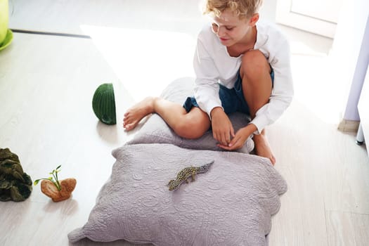 A boy sits cross-legged on a soft cushion, observing a gecko on another pillow. The light-filled room has playful decor, adding to the friendly atmosphere of the moment.