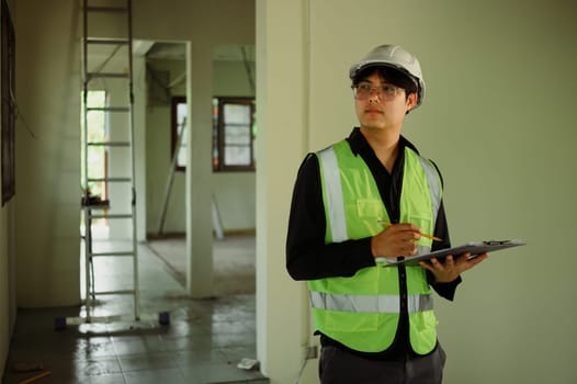 Construction supervisor evaluating site progress and noting observations during walkthrough.