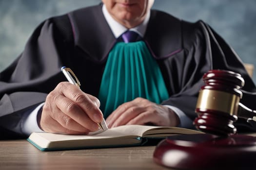 The judge makes entries in the journal during the court hearing. The judge's gavel in the foreground close-up. The concept of legislation and the work of the judicial system and jurisprudence.