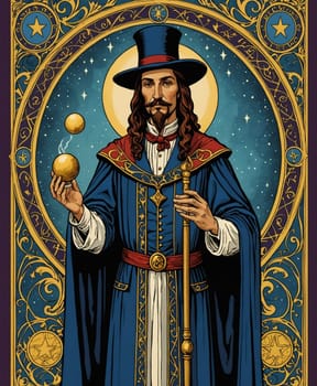 Major Arcana Tarot Card The Magician. A bearded man wearing a blue and red robe stands majestically with a staff, surrounded by an ornate circular design filled with stars and celestial symbols. He expertly balances two golden spheres in one hand, conveying a sense of mysticism and elegance. AI generated.