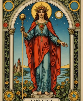 Major Arcana Tarot Card: Justice. A regal figure stands poised with a staff, adorned in flowing robes and a crown, set against a vibrant backdrop of nature and celestial symbols. Intricate borders and decorative elements frame the scene, adding to the image's rich and detailed aesthetic.