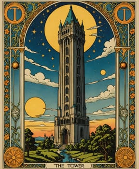 Major Arcana Tarot Card: The Tower. A tall, ornate tower stands under a starry sky, surrounded by a lush landscape with a river. Large celestial bodies, including a bright sun and a glowing moon, dominate the backdrop, casting an ethereal glow.