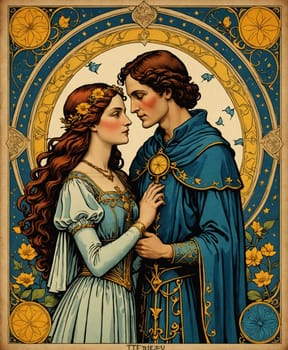 Major Arcana Tarot Card: The Lovers. A couple in medieval attire shares an intimate moment, surrounded by intricate floral and celestial patterns. The image exudes a sense of timeless love and peaceful intimacy, evoking a feeling of elegant romance.