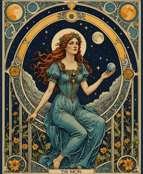 Major Arcana Tarot Card: The Moon. A red-haired woman dressed in a flowing blue gown holds a small sphere against a backdrop of moons and stars. Her serene expression is accentuated by a crown of flowers, and she sits amidst stylized blue and gold celestial patterns.