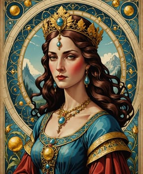 Major Arcana Tarot Card: The Empress. A regal woman adorned with a golden crown and vibrant jewels stands against a mountainous backdrop framed by intricate patterns. Her elegant attire features rich blues and golds, complementing her poised and dignified expression.