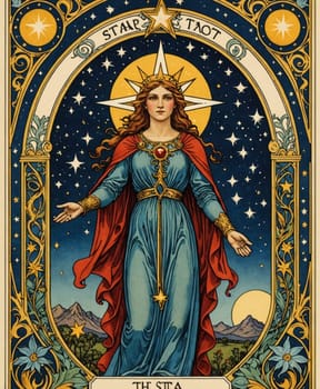 Major Arcana Tarot Card: The Star. A regal woman stands under a starry sky, wearing a blue gown and red cloak, crowned with a star. Surrounded by celestial symbols and intricate designs, she exudes a sense of mysticism and divinity.