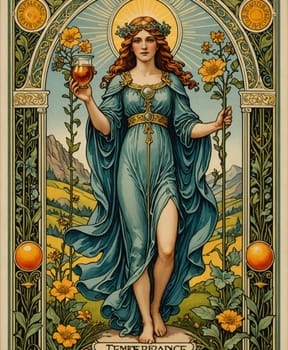 Major Arcana Tarot Card: Temperance. A serene figure dressed in a flowing blue gown stands amidst a vivid landscape, holding a cup and adorned with a floral crown. The setting includes bright yellow flowers and green hills under a radiant halo, symbolizing peace and harmony.