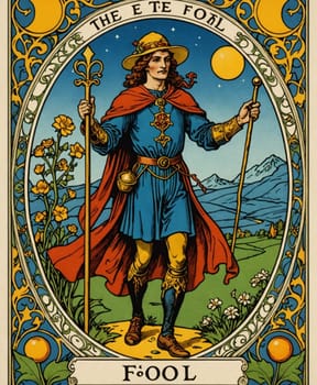 Major Arcana Tarot Card: The Fool. A character in medieval attire stands confidently with two staffs, set against a vibrant landscape with mountains and flowers. Surrounded by ornate patterns, the scene is both mystical and symbolic.
