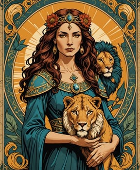 Major Arcana Tarot Card: Strength. A regal woman, adorned in an ornate teal dress with intricate golden patterns, stands confidently alongside two lions, symbolizing strength and majesty. Her hair is crowned with flowers and jewels, and the background features elaborate, swirling motifs, emphasizing an aura of elegance and power.