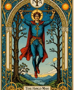 Major Arcana Tarot Card: The Hanged Man. A central, serene figure is suspended upside down between two ornate trees, framed by intricate blue and gold designs. The background features a tranquil landscape with mountains, a river, and a sun setting low on the horizon.