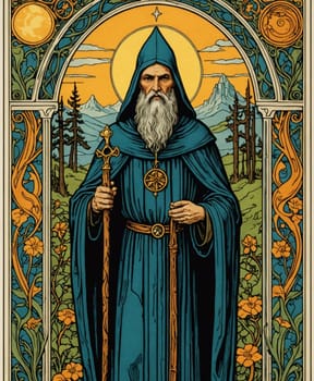 Major Arcana Tarot Card: The Hermit. A robed, elderly man with a long beard stands in front of a mountainous landscape, holding a staff and adorned with symbolic jewelry. Vibrant floral and ornate designs frame the scene, creating a mystical and enchanting atmosphere.