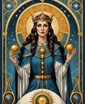 Major Arcana Tarot Card: The High Priestess. A regal woman adorned with a golden crown holds two orbs, framed by an intricate celestial background. Her blue and gold attire complements the mandala-like sun design, evoking themes of mysticism and power
