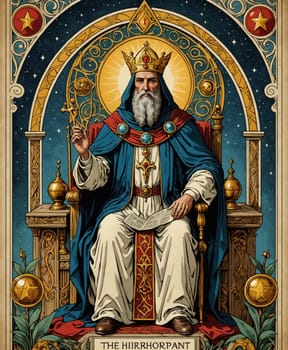Major Arcana, Tarot Card: The Hierophant. A regal figure wearing a golden crown and ornate robes sits on a throne, holding a scepter in one hand and a scroll in the other. The background features a night sky filled with stars and intricate golden patterns.