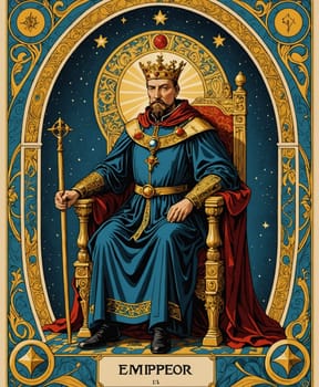 Major Arcana Tarot Card: The Emperor. A regal figure clad in blue robes sits on a throne, holding a scepter, under an ornate arch adorned with celestial symbols. Golden details accentuate the royal attire, complementing the starry background.