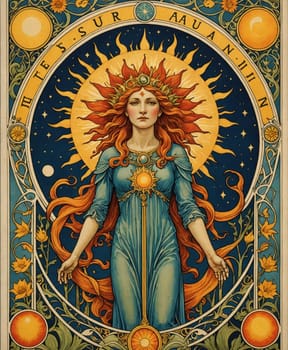 Major Arcana Tarot Card: The Sun. A woman with flowing red hair is depicted amidst celestial motifs, featuring a radiant sun as her backdrop. Her blue gown and the surrounding symbols evoke themes of mythology and astrology.