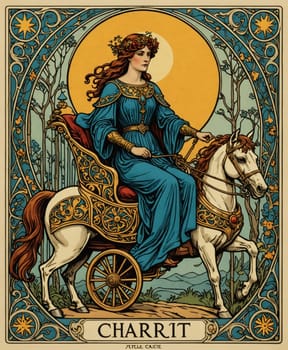 Major Arcana Tarot Card: Chariot. A regal woman rides a horse-drawn chariot, adorned in a flowing blue gown with gold accents, set against a decorative background with intricate patterns. Her head is crowned with flowers, and the scene conveys a sense of elegance and mythology.