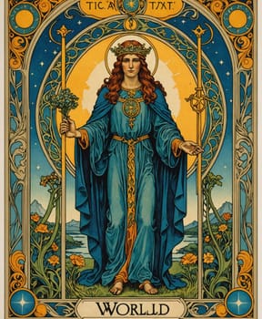 Major Arcana Tarot Card: The World. A regal figure stands at the center adorned with a crown and flowing blue robes, holding a scepter and flowers, surrounded by intricate patterns and celestial motifs. The scene conveys a sense of grace and authority, highlighted by vibrant colors and organic designs.