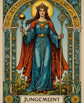 Major Arcana Tarot Card: The Judgement. A regal woman stands confidently, holding a scepter and orb, surrounded by intricate floral and architectural elements. She wears a crown with rays and is dressed in flowing robes, exuding a sense of authority and divinity.