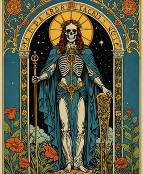 Major Arcana Tarot Card: Death. A skeleton adorned in a blue robe holds a staff and stands against a starry backdrop surrounded by vibrant red flowers. The scene is framed with ornate floral designs, and the skeleton is crowned with a halo, suggesting a symbolic or mystical theme.