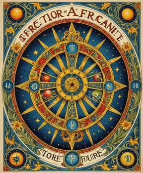 Major Arcana Tarot Card: Wheel Of Fortune. An intricate circular design features celestial elements with a central compass rose, surrounded by symbols and decorated with stars. Vibrant colors of blue, gold, and red are prominently used, along with ornate floral patterns around the edges.
