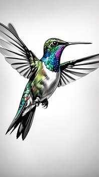 Beautiful hummingbird flying with vivid colors, shimmering feathers, and a blurred green backdrop