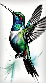 Beautiful hummingbird flying with vivid colors, shimmering feathers, and a blurred green backdrop