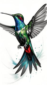 Beautiful hummingbird flying with vivid colors, shimmering feathers, and a blurred green backdrop