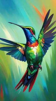 Beautiful hummingbird flying with vivid colors, shimmering feathers, and a blurred green backdrop
