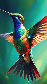 Beautiful hummingbird flying with vivid colors, shimmering feathers, and a blurred green backdrop