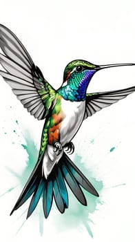Beautiful hummingbird flying with vivid colors, shimmering feathers, and a blurred green backdrop