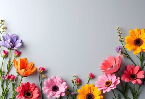 A lush border of colorful wildflowers encircles a peaceful gray background, creating a striking contrast between nature's vibrancy and minimalist elegance. This organic floral frame works beautifully for rustic wedding designs, botanical branding, or nature-inspired wall art, offering both energy and sophistication