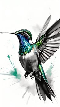 Beautiful hummingbird flying with vivid colors, shimmering feathers, and a blurred green backdrop