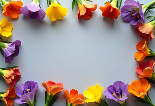 A sleek gray background elegantly encircled by a vibrant border of purple, yellow, and orange blossoms. The striking contrast between the neutral backdrop and lively floral hues creates a bold yet sophisticated design ideal for modern wedding decor, artistic branding, or energetic spring-themed projects