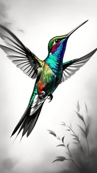 Beautiful hummingbird flying with vivid colors, shimmering feathers, and a blurred green backdrop