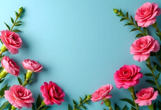 A stunning composition featuring a rich blue background beautifully framed by delicate pink roses. The contrast between the vibrant blue and soft pink creates a romantic and elegant atmosphere, perfect for wedding invitations, floral designs, or decorative backdrops. This high-quality image is ideal for creative projects, branding, and digital or print media