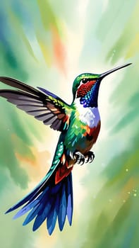 Beautiful hummingbird flying with vivid colors, shimmering feathers, and a blurred green backdrop