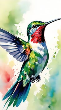 Beautiful hummingbird flying with vivid colors, shimmering feathers, and a blurred green backdrop